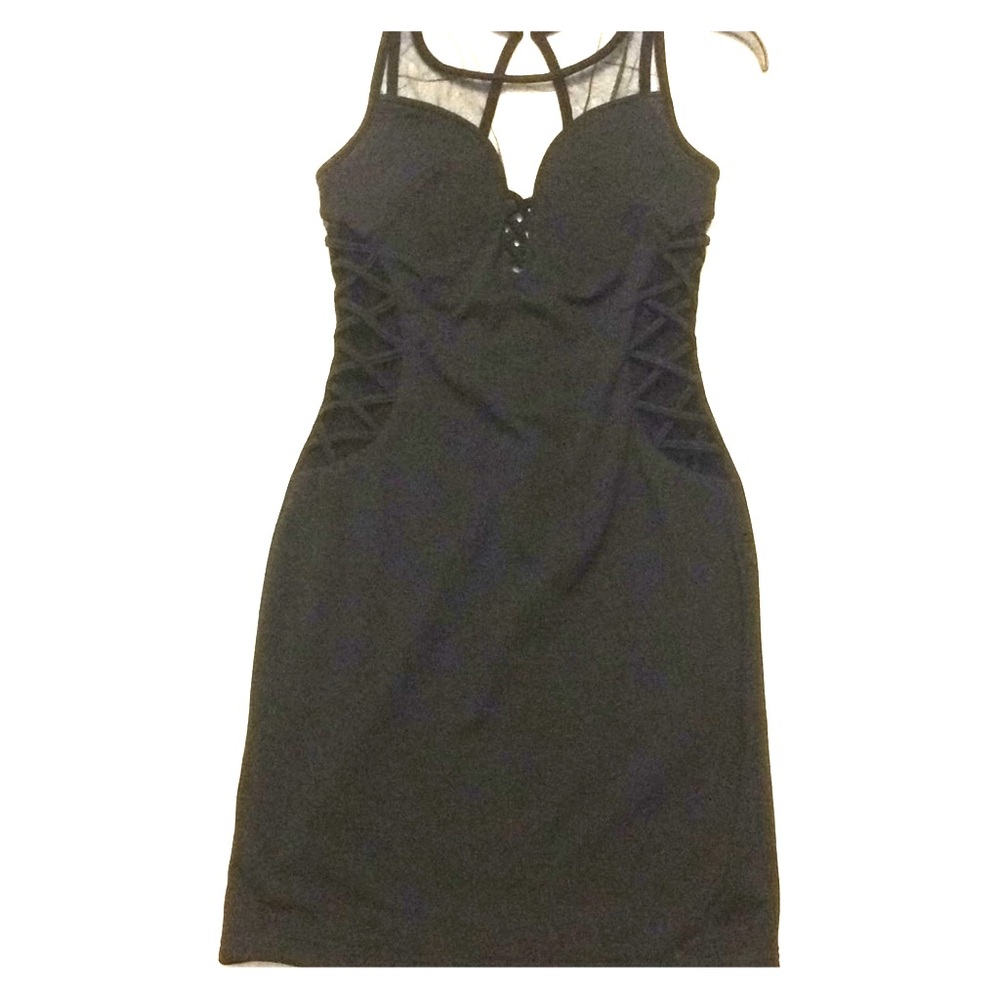 Black, sheer and cross-cross cut out dress